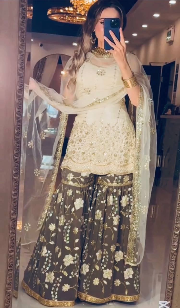 Modern Ivory & Dark Bronze Flared Silk Set